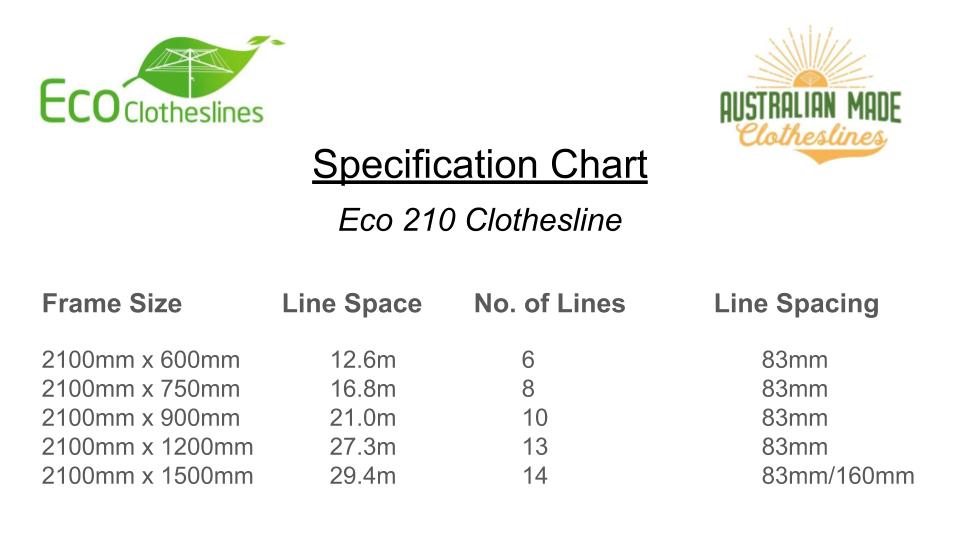 Eco 210 Clothesline - Specification Chart - Australian Made Clotheslines